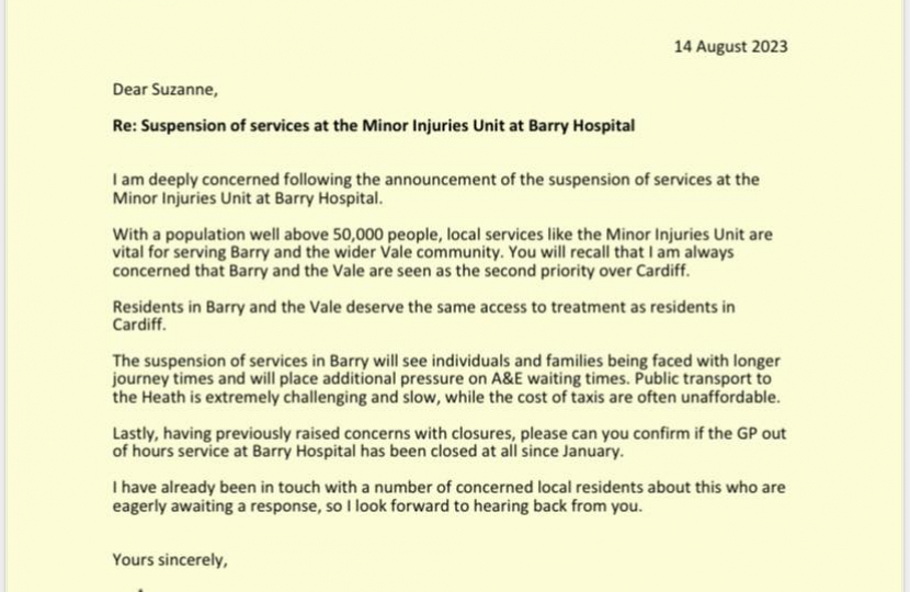 Letter sent to Chief Executive of the Health Board